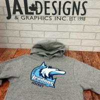 Grey Hoodie with Alberni Valley Blue Icedogs Hockey Logo Screenprinted